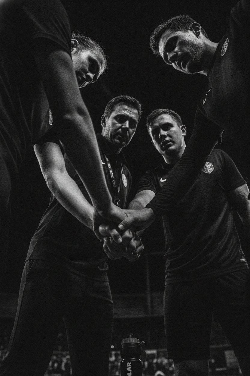 Black and white image of a coach and players in a tight huddle