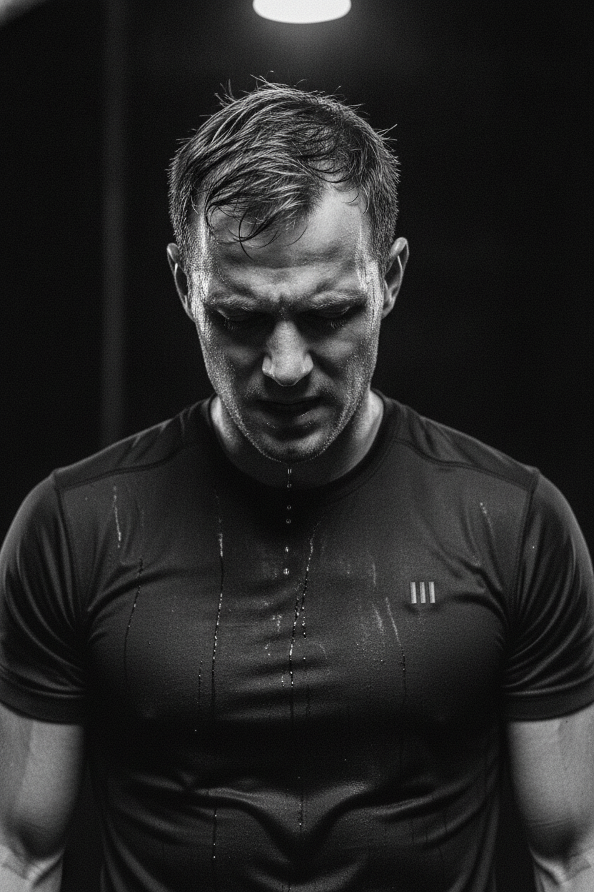 An athlete catching their breath after exertion, chest and shoulders working