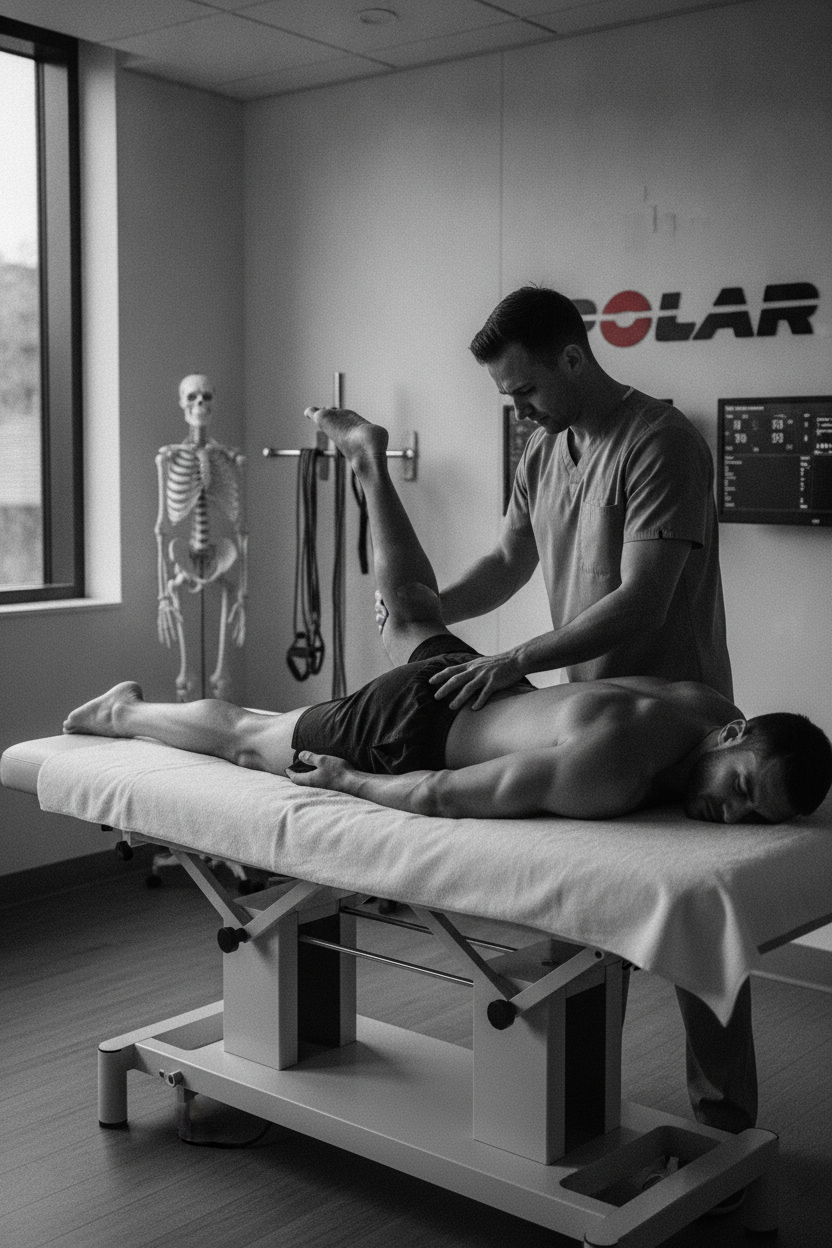 Black and white image of an athlete on a physiotherapy treatment table