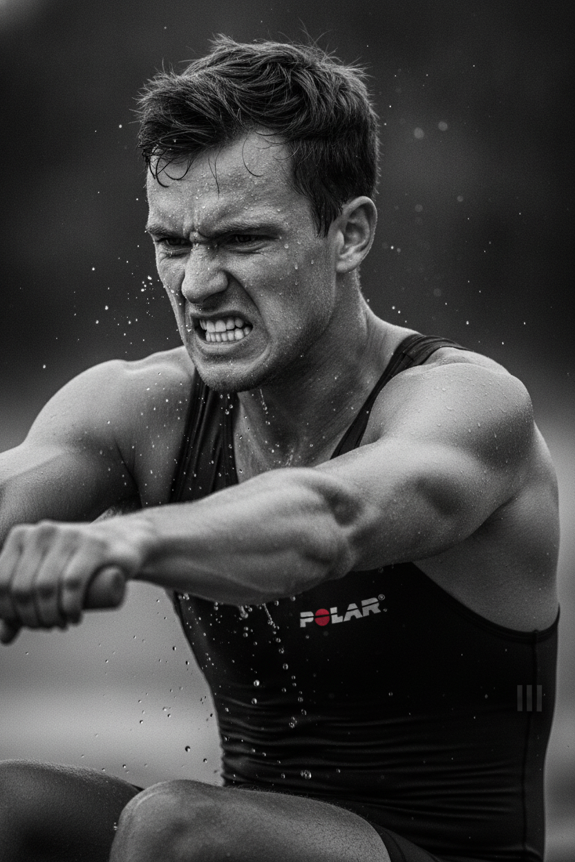 A rower mid-drive at full effort, jaw set, pulling through the catch