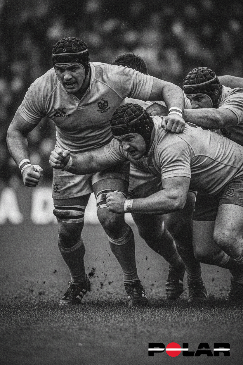 Rugby league forwards locked into a scrum, driving for the ball