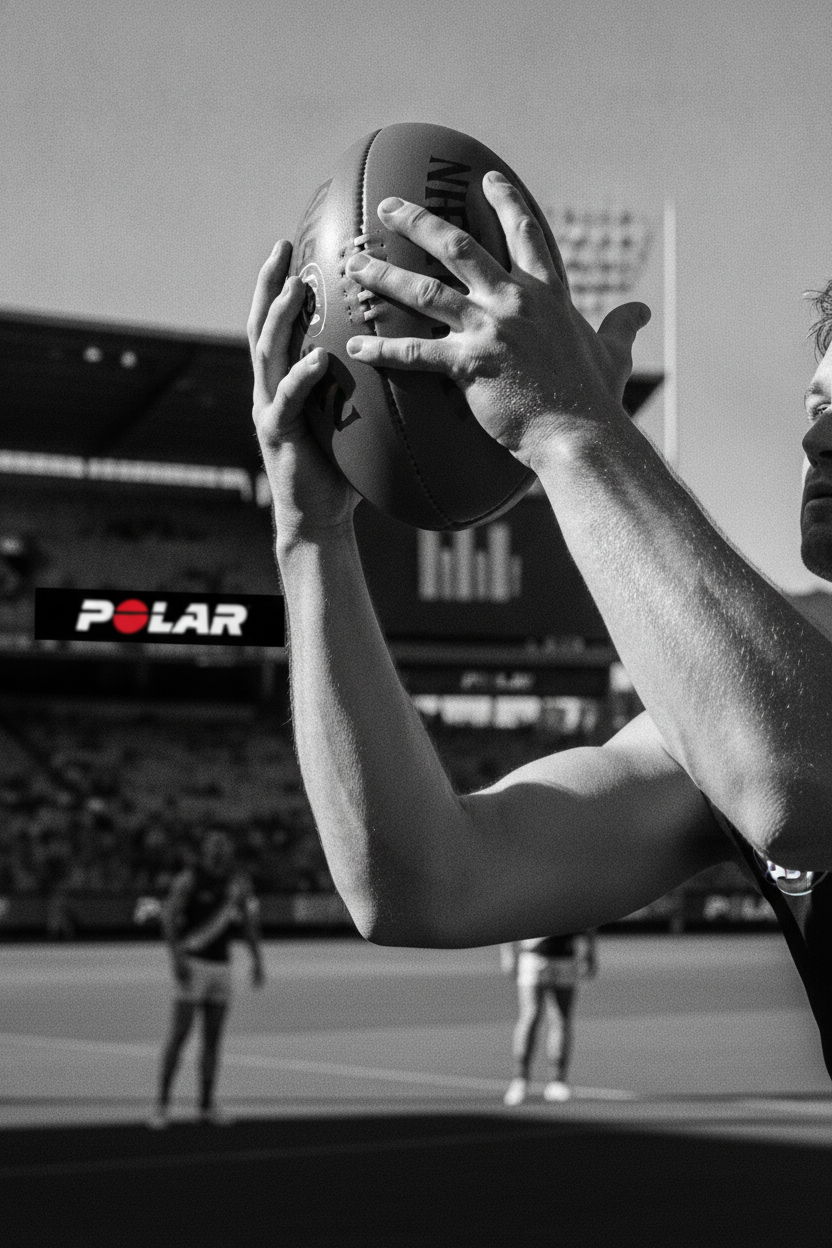 Black and white image of an AFL player marking the ball