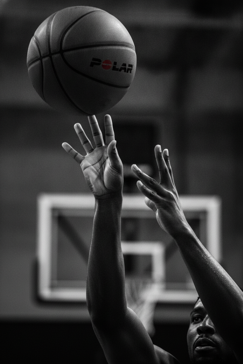 Black and white image of a basketball jump shot