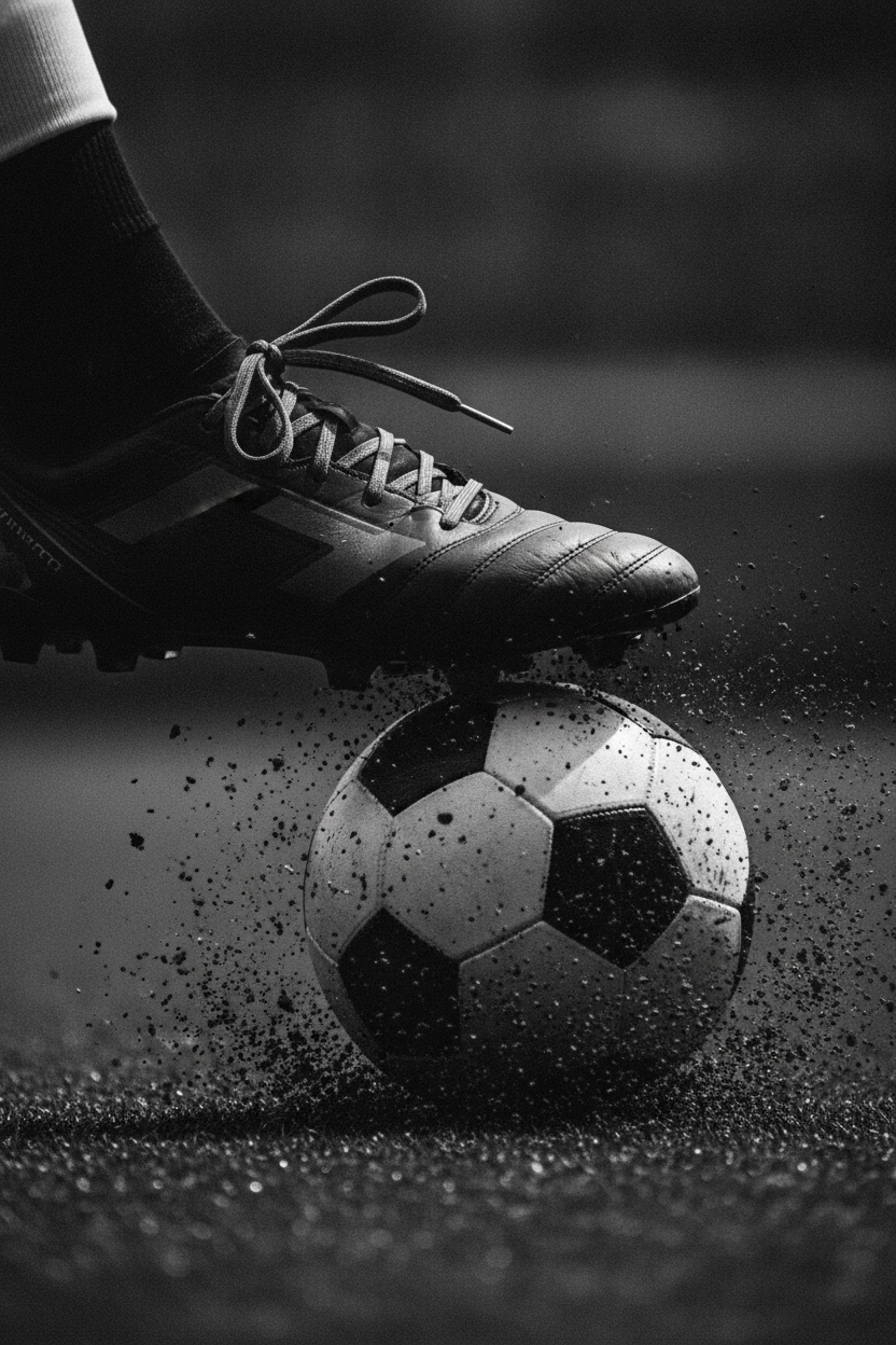 Black and white close-up of a football boot striking the ball