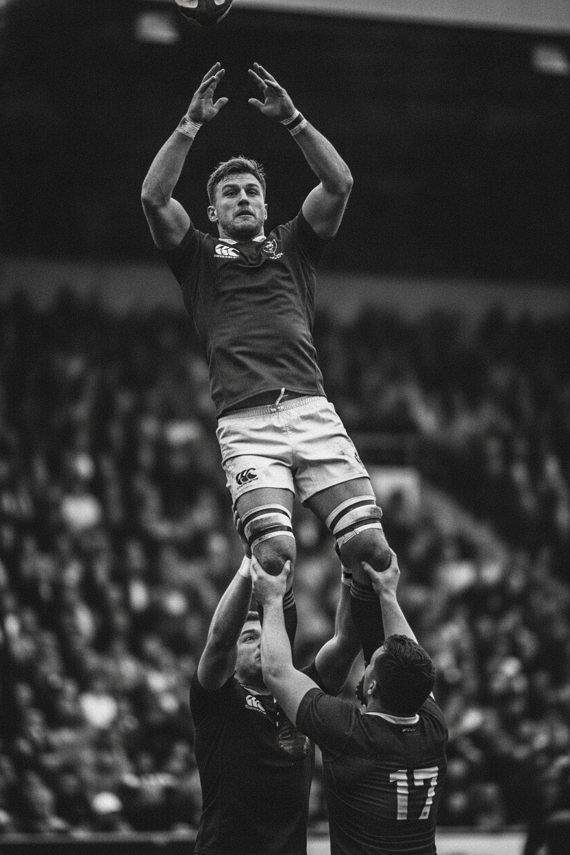Black and white image of a rugby lineout jump