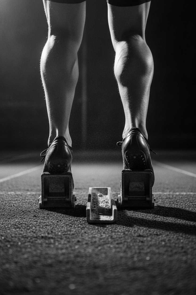 A sprinter set in the starting blocks, poised for the gun