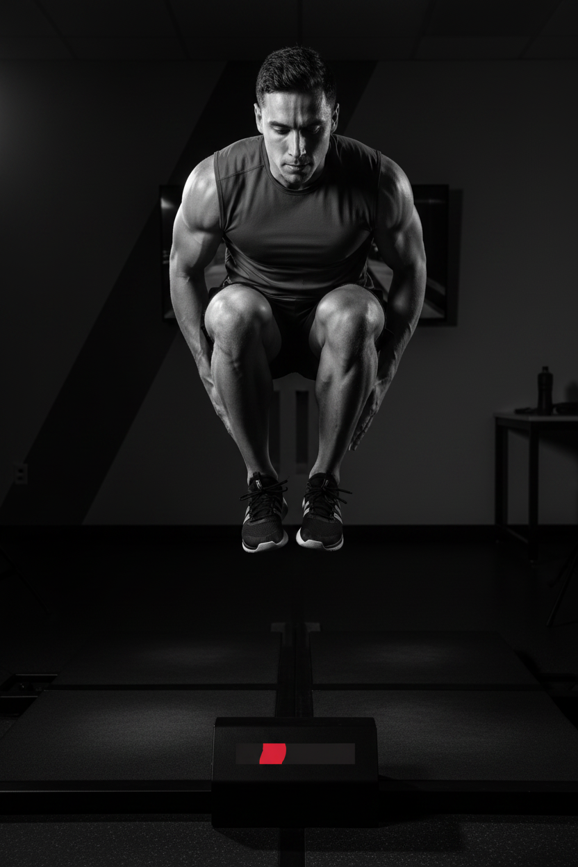 Black and white image of an athlete mid-jump on force plates