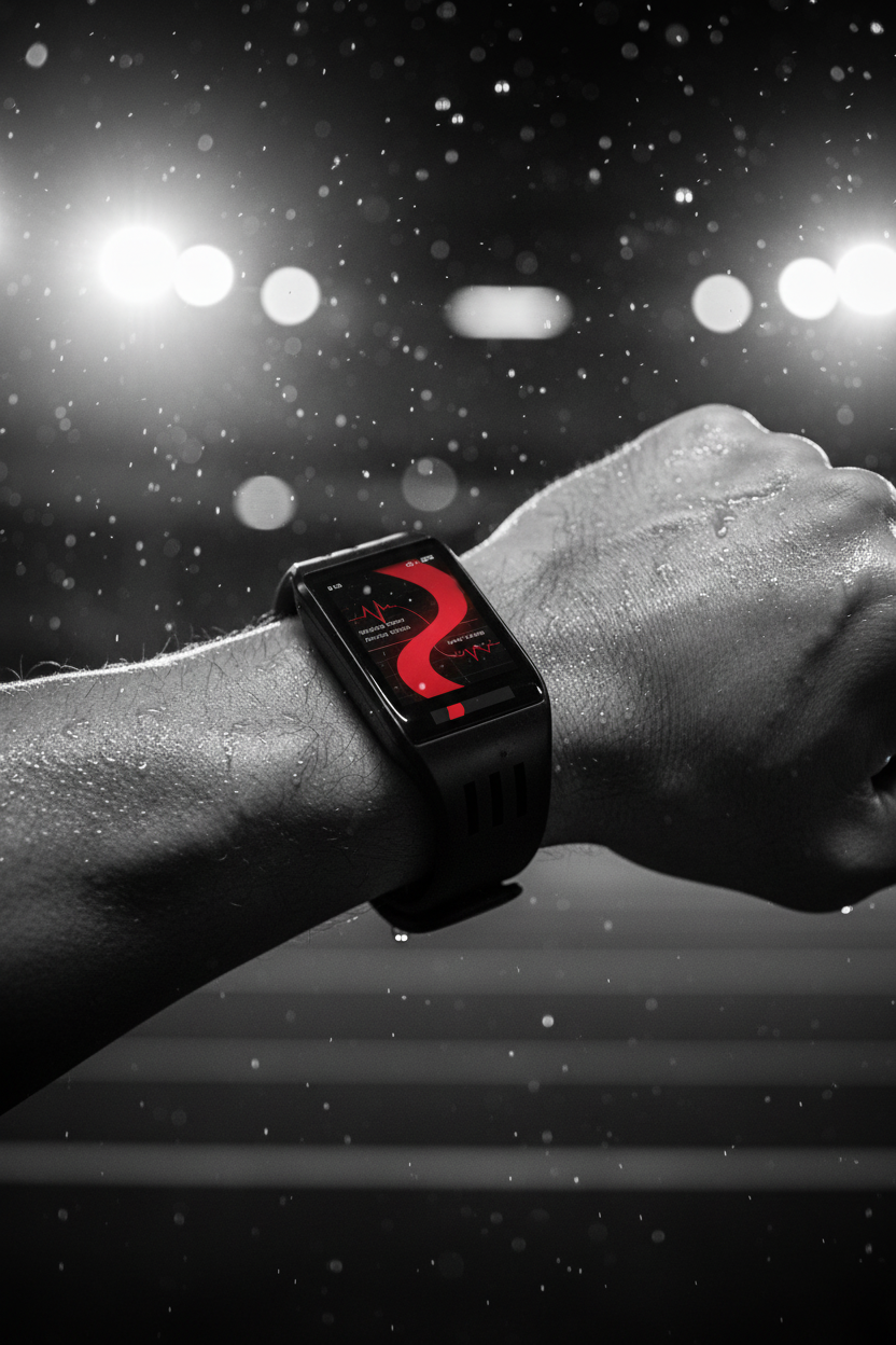A close view of an athlete's wrist wearing a recovery tracker mid-session